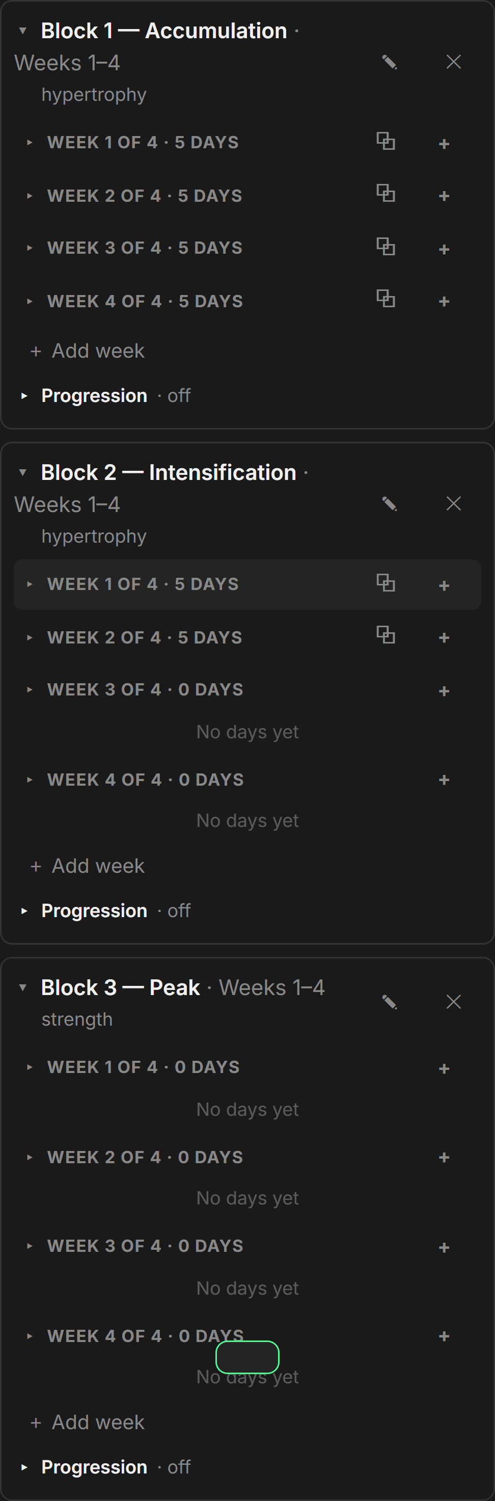 Planned vs actual load on every set, every week — the app tells you exactly where you are and what to hit next. No more guessing whether you're progressing.